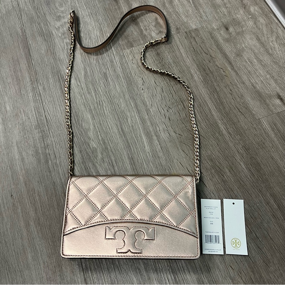 Tory Burch Savannah Chain Flat Wallet Rose Gold Crossbody Bag - Picture 2 of 11